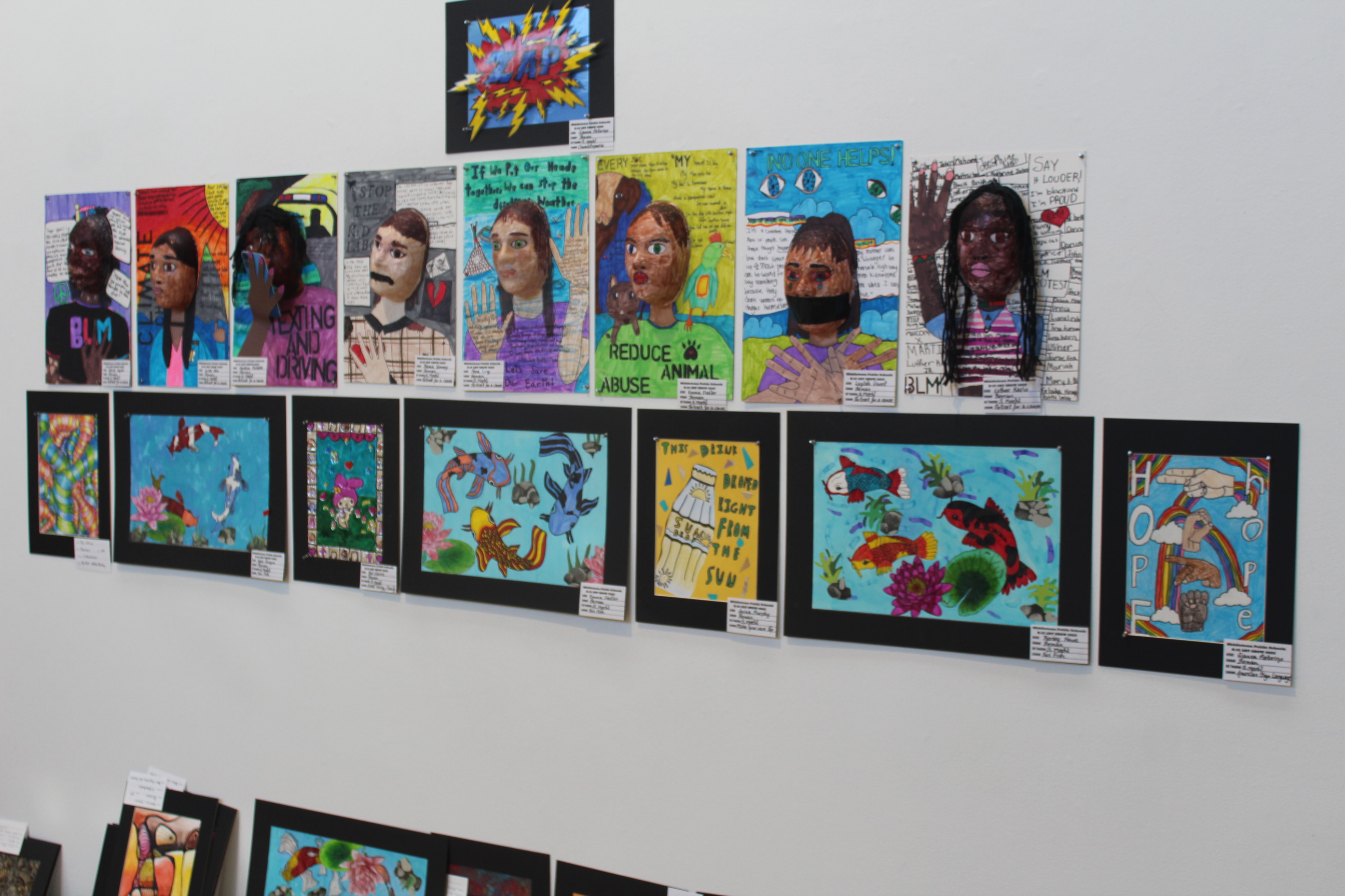 Student artwork featured at the gallery for the 2023 Middletown Public Schools K-12 Art Show
